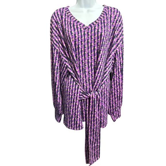 Liz Claiborne 2X Top Purple Violet Geometric Heavy Knit V-Neck Belt Long Sleeve - Picture 6 of 6